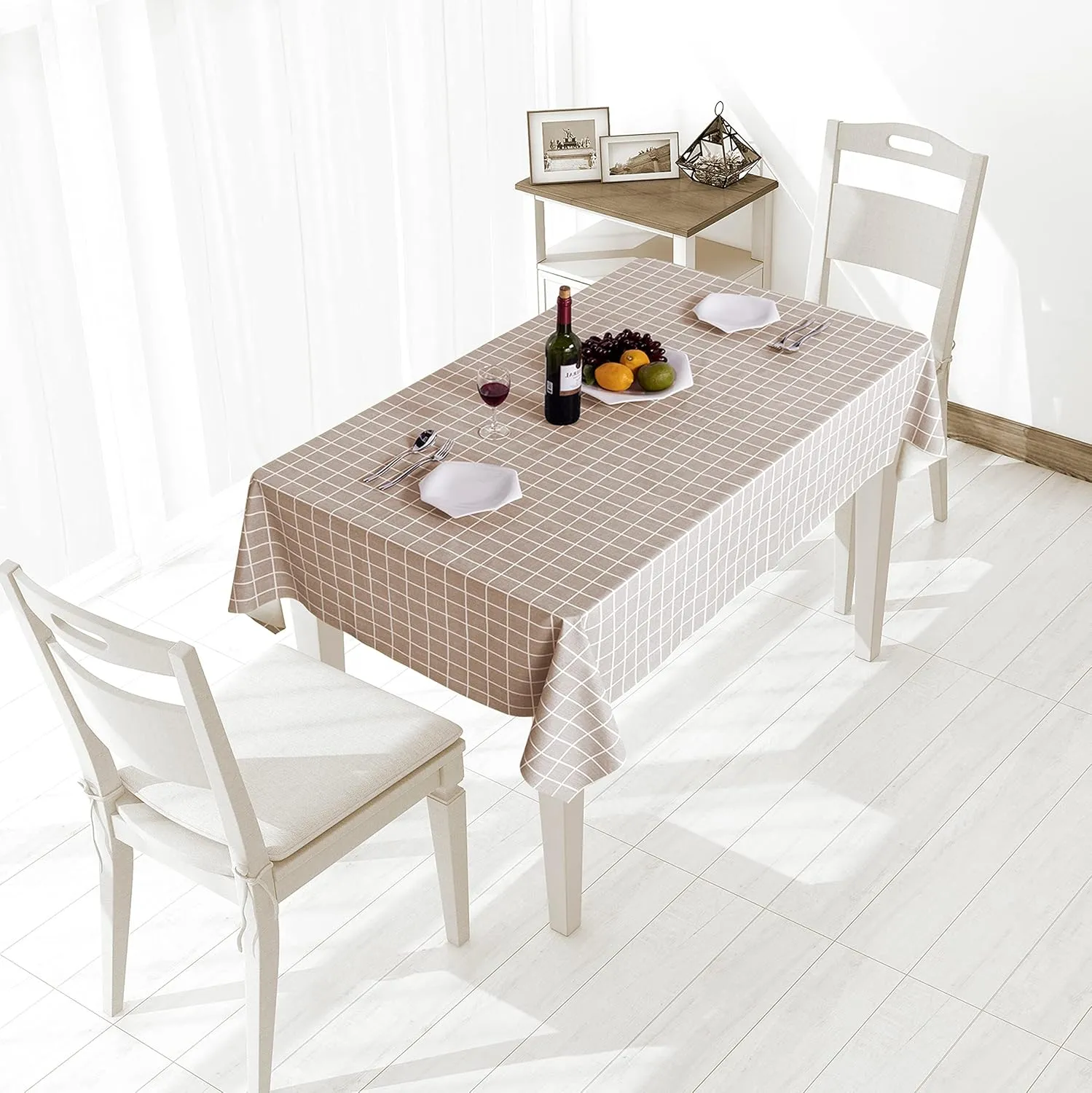 sancua Checkered Vinyl Rectangle Tablecloth - 52 x 70 Inch - 100% Waterproof Oil Proof Spill Proof PVC Table Cloth, Wipe Clean Table Cover for Dining Tables, Buffet Parties, Khaki Checkered