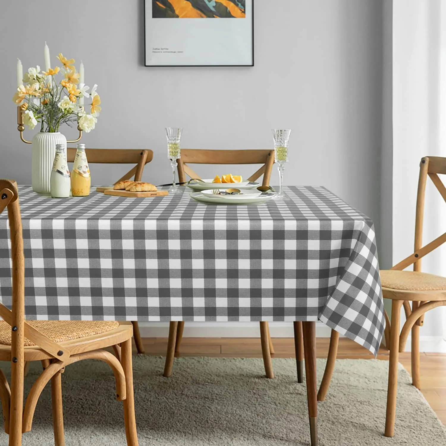 sancua Checkered Vinyl Rectangle Tablecloth, 60 x 84 Inch, 100% Waterproof Oil Proof Spill Proof PVC Table Cloth, Wipe Clean Table Cover for Dining Tables, Buffet Parties, Grey and White