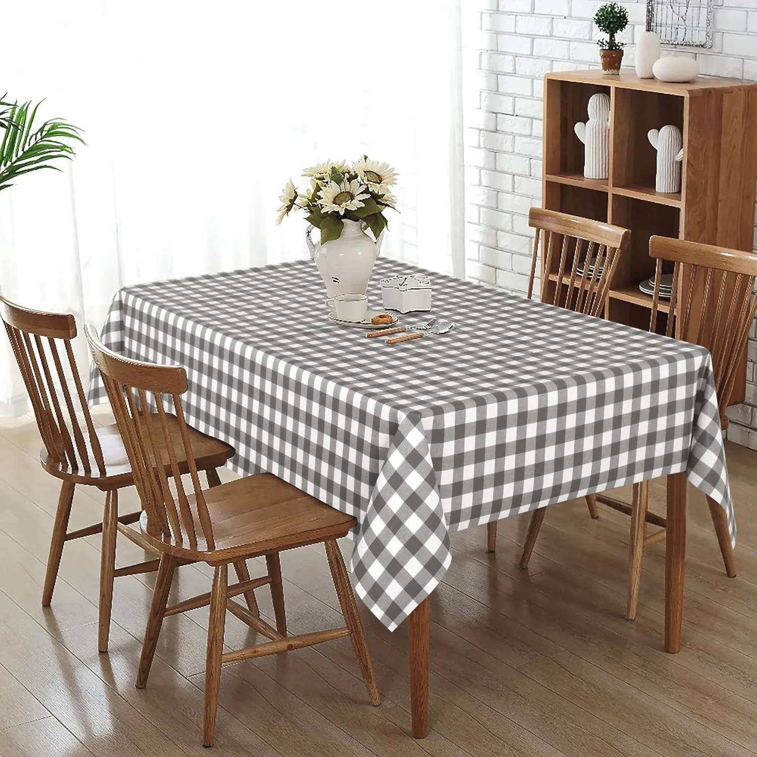 sancua Checkered Vinyl Rectangle Tablecloth, 60 x 84 Inch, 100% Waterproof Oil Proof Spill Proof PVC Table Cloth, Wipe Clean Table Cover for Dining Tables, Buffet Parties, Grey and White