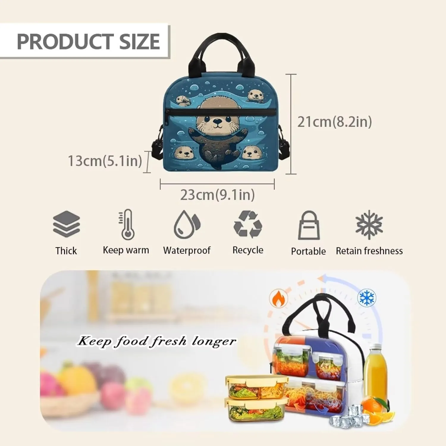 Sea Otter Lunch Bag for Girls Boys Kids 6-8 8-10 Insulated Lunch Bags Handy Tote Lunch Box Shoulder Handbag Meal Prep Organizer for Women Men Workout Office School Picnic