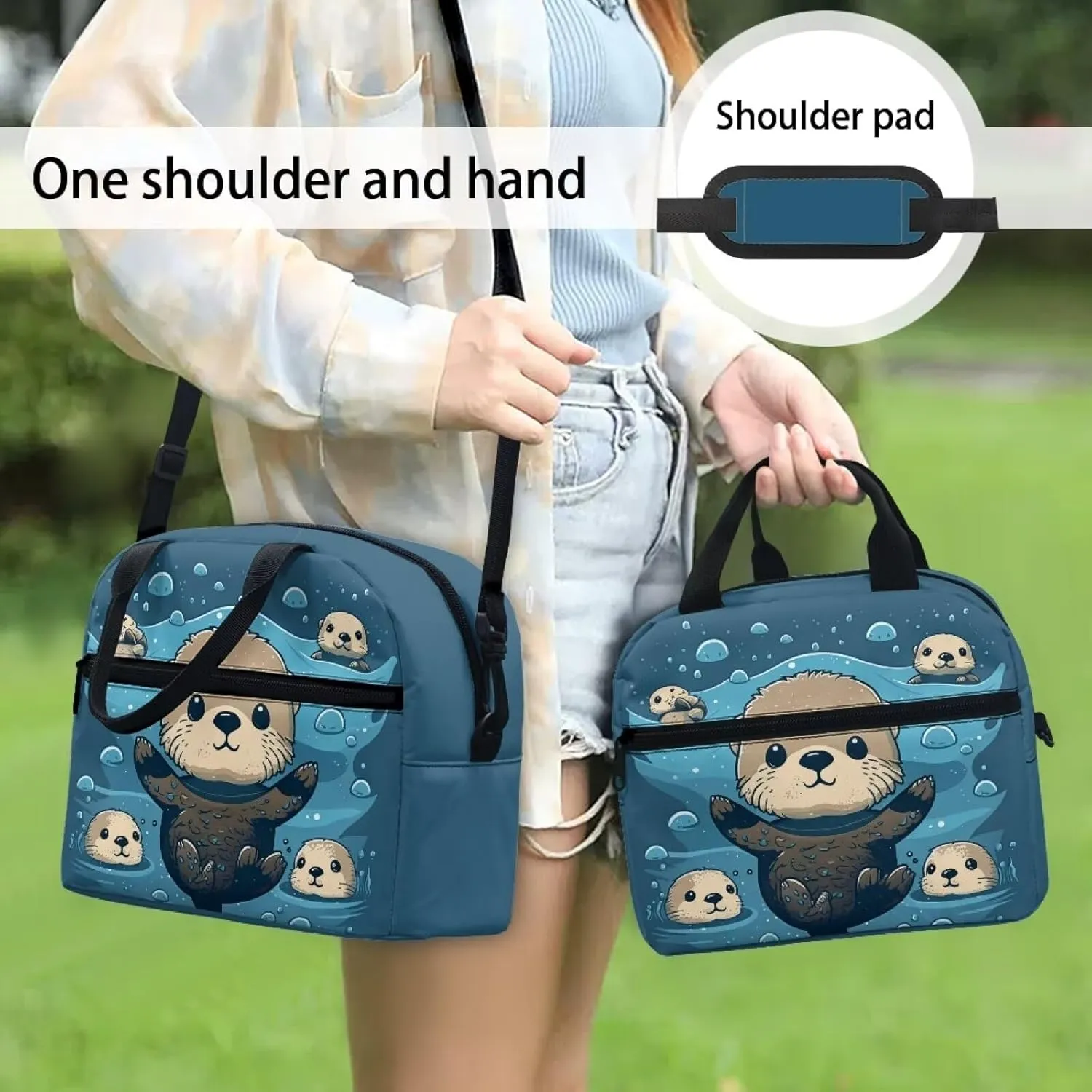 Sea Otter Lunch Bag for Girls Boys Kids 6-8 8-10 Insulated Lunch Bags Handy Tote Lunch Box Shoulder Handbag Meal Prep Organizer for Women Men Workout Office School Picnic