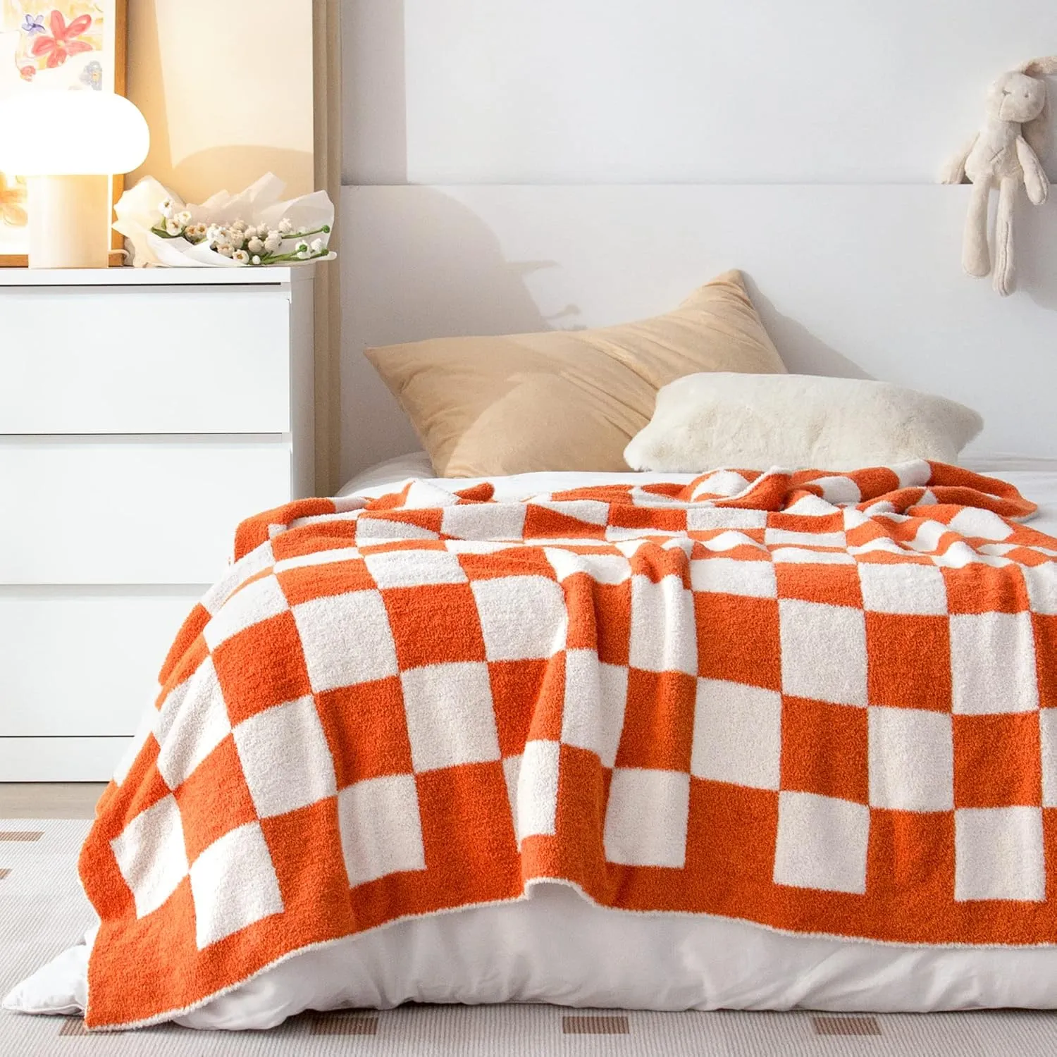 SeaRoomy CheckeredThrow Blanket, Soft Fluffy Microfiber Knit Throw Blanket for Couch Bed, Warm Cozy Reversible Checkerboard Knitted Blanket Room Decor(Burnt Orange, 51"×63")