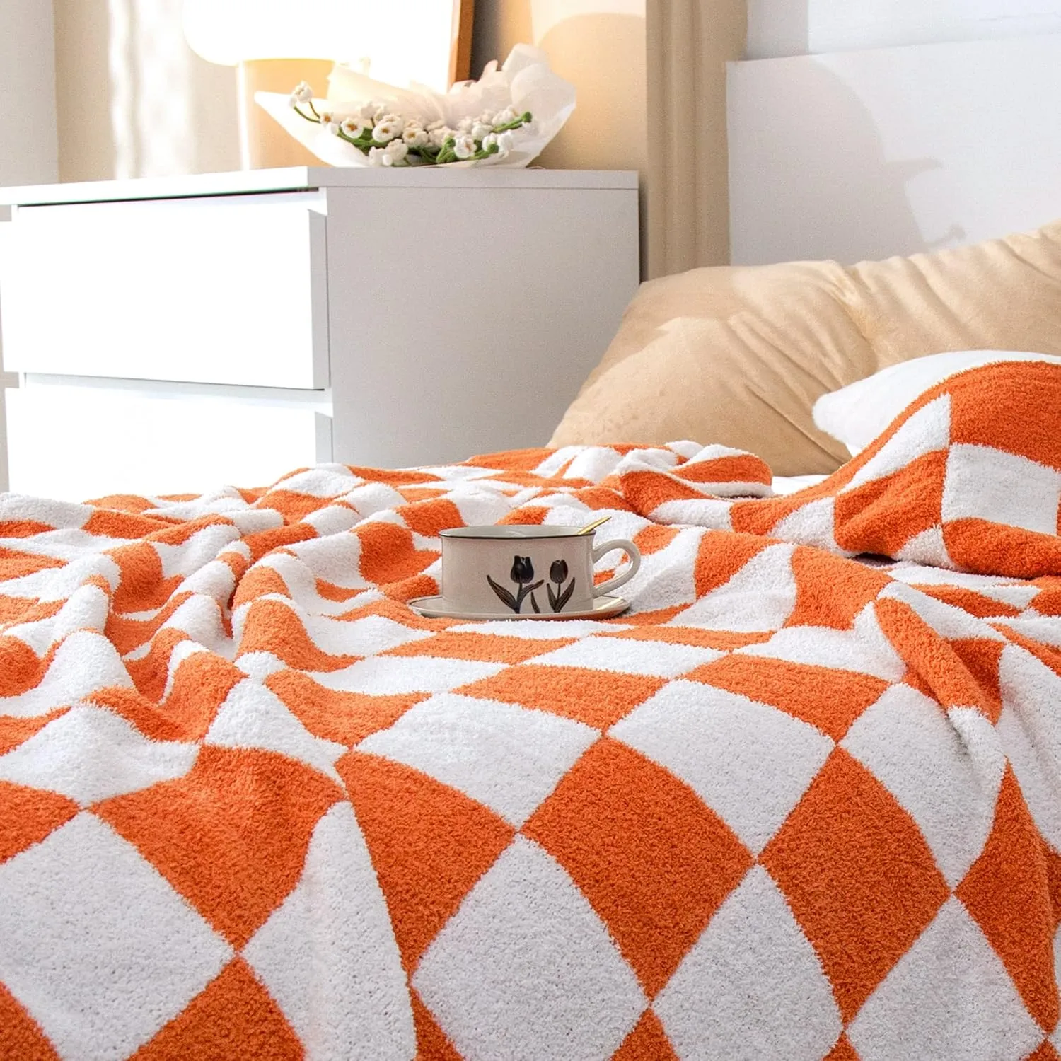 SeaRoomy CheckeredThrow Blanket, Soft Fluffy Microfiber Knit Throw Blanket for Couch Bed, Warm Cozy Reversible Checkerboard Knitted Blanket Room Decor(Burnt Orange, 51"×63")