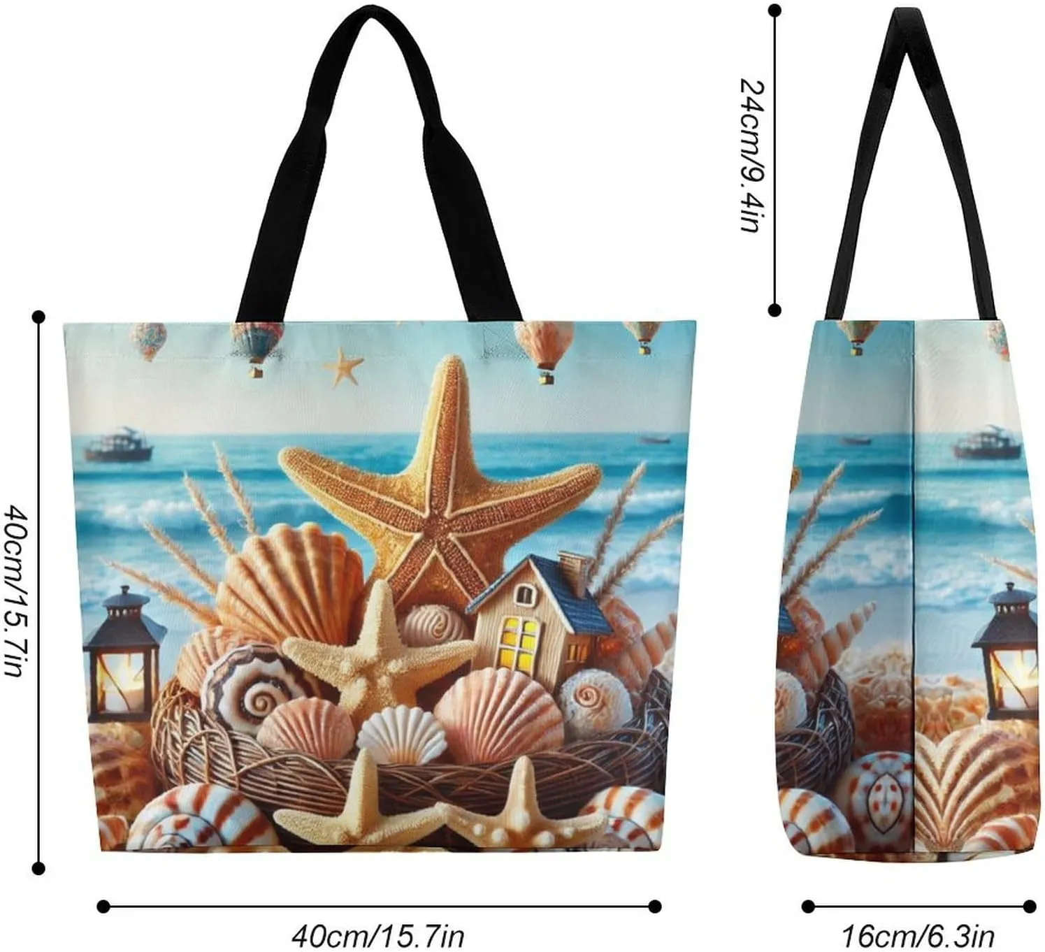 Seaside Beach Shells Starfis Tote Bag Beach Bag Reusable Shoulder Bag for Gym, Shopping, Travel