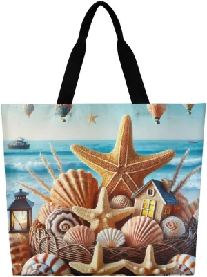 Seaside Beach Shells Starfis Tote Bag Beach Bag Reusable Shoulder Bag for Gym, Shopping, Travel