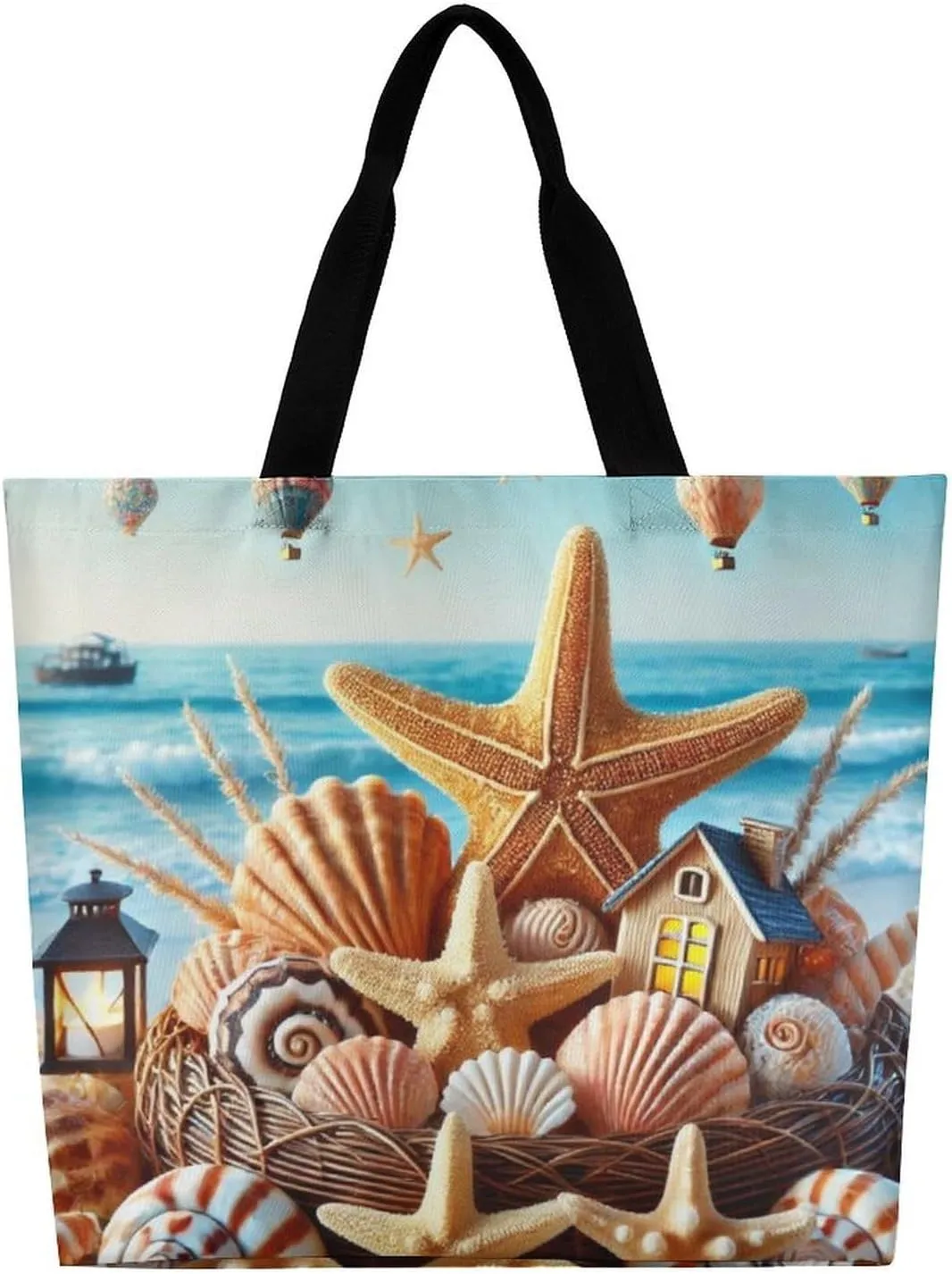 Seaside Beach Shells Starfis Tote Bag Beach Bag Reusable Shoulder Bag for Gym, Shopping, Travel