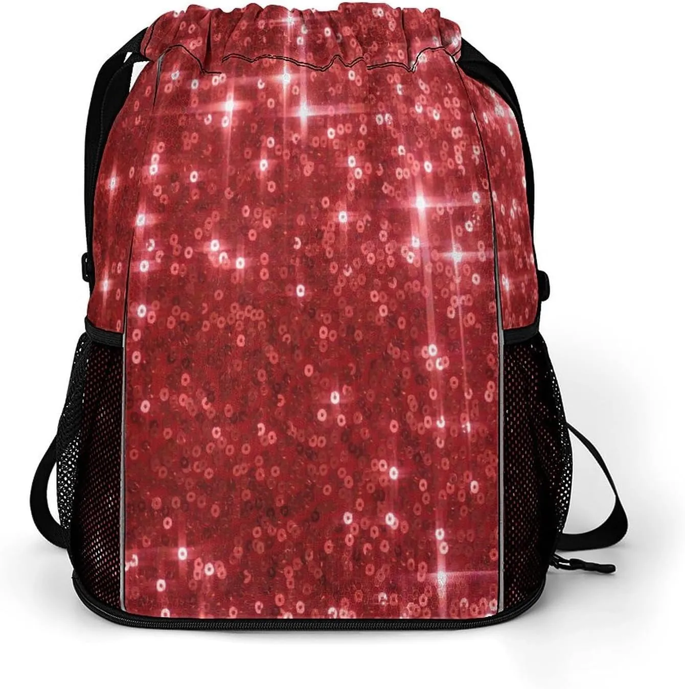Sequins Red Bling Drawstring Gym Backpack Abstract Glitter Sparkle Sports Travel Daypack Sackpack Pockets String Cinch Bag for Men & Women