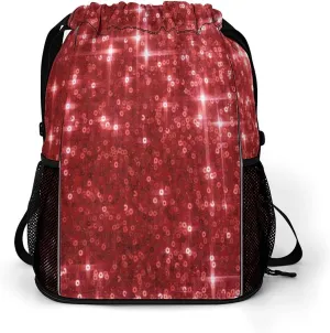 Sequins Red Bling Drawstring Gym Backpack Abstract Glitter Sparkle Sports Travel Daypack Sackpack Pockets String Cinch Bag for Men & Women