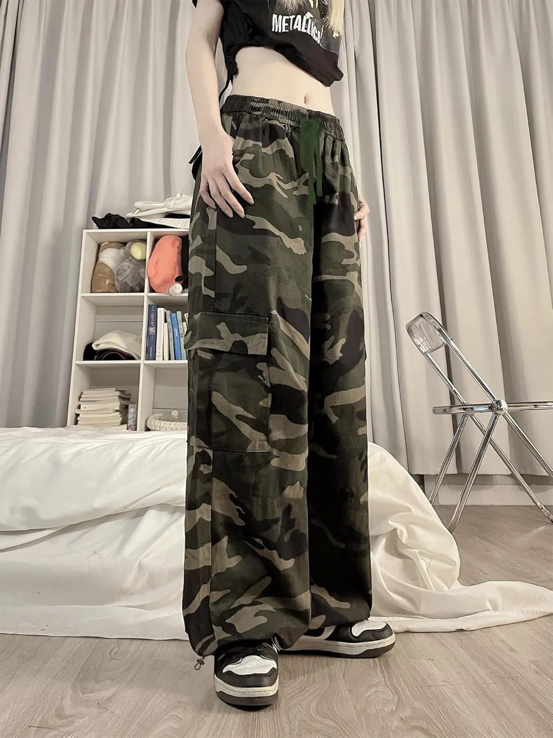 SESERAGI Cargo Pants Women Baggy Streetwear Y2K Drawstring Trousers Wide Leg Pants
