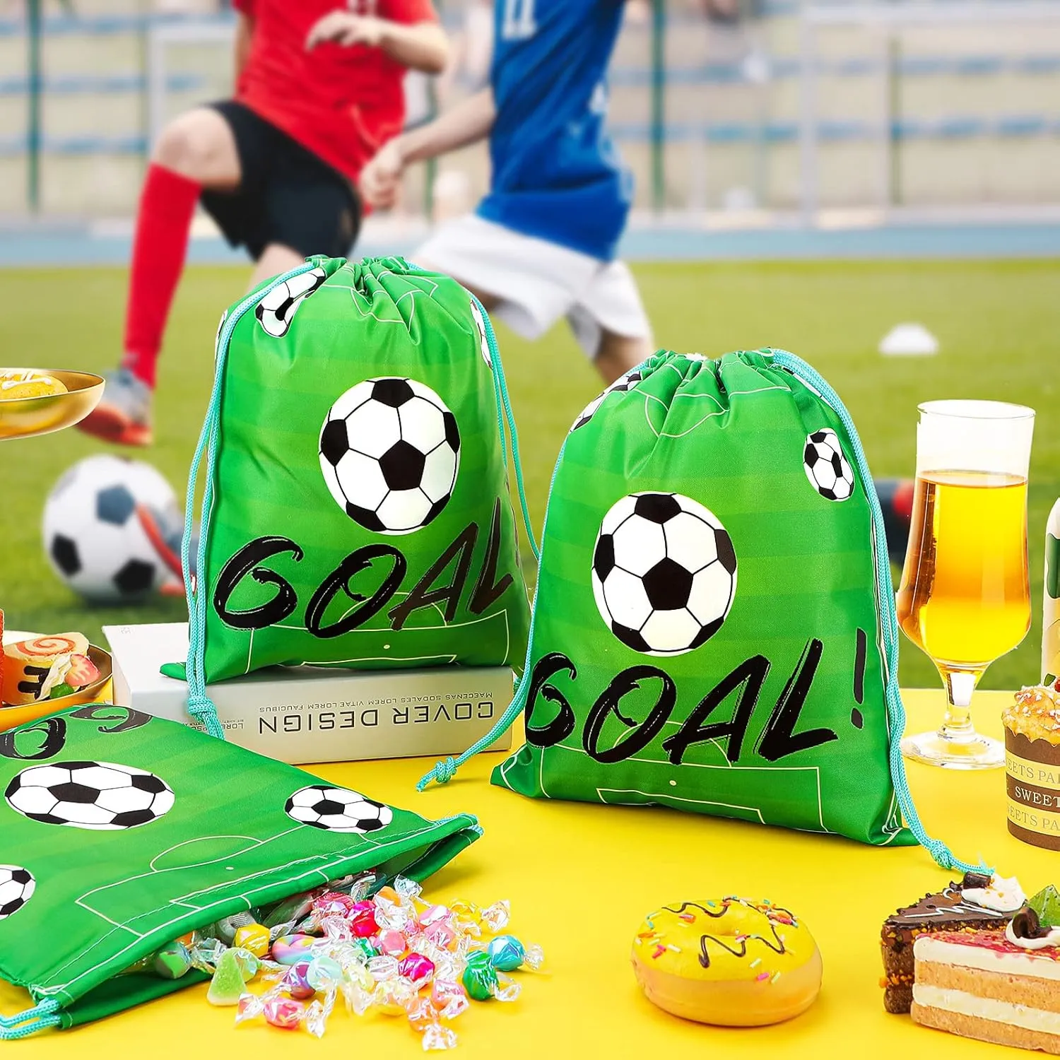 Shappy 16 Pack Soccer Drawstring Bags for Party Favors 12 x 10 Inch Treat Candy Goodie Gifts Bags Team Supplies Sport Birthday Party Favors