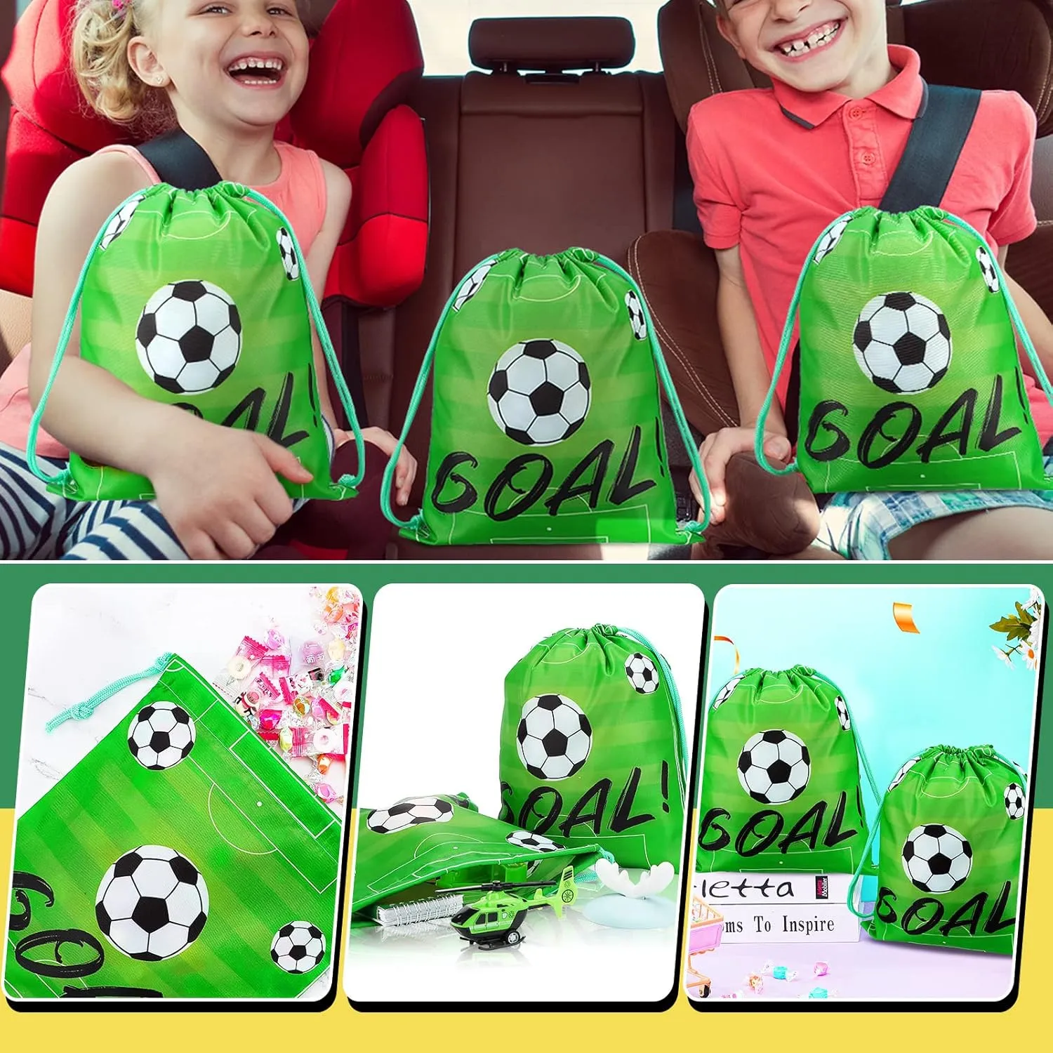 Shappy 16 Pack Soccer Drawstring Bags for Party Favors 12 x 10 Inch Treat Candy Goodie Gifts Bags Team Supplies Sport Birthday Party Favors