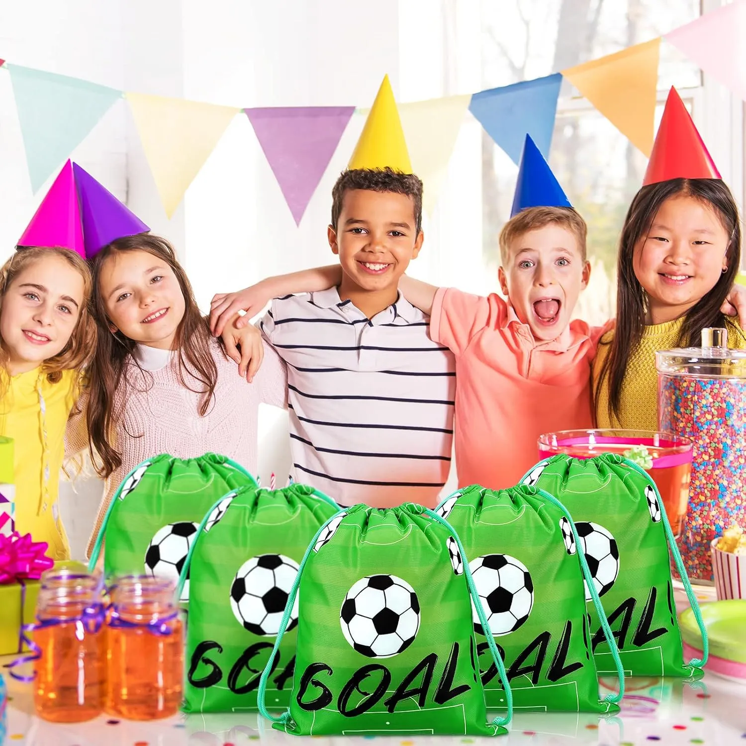 Shappy 16 Pack Soccer Drawstring Bags for Party Favors 12 x 10 Inch Treat Candy Goodie Gifts Bags Team Supplies Sport Birthday Party Favors