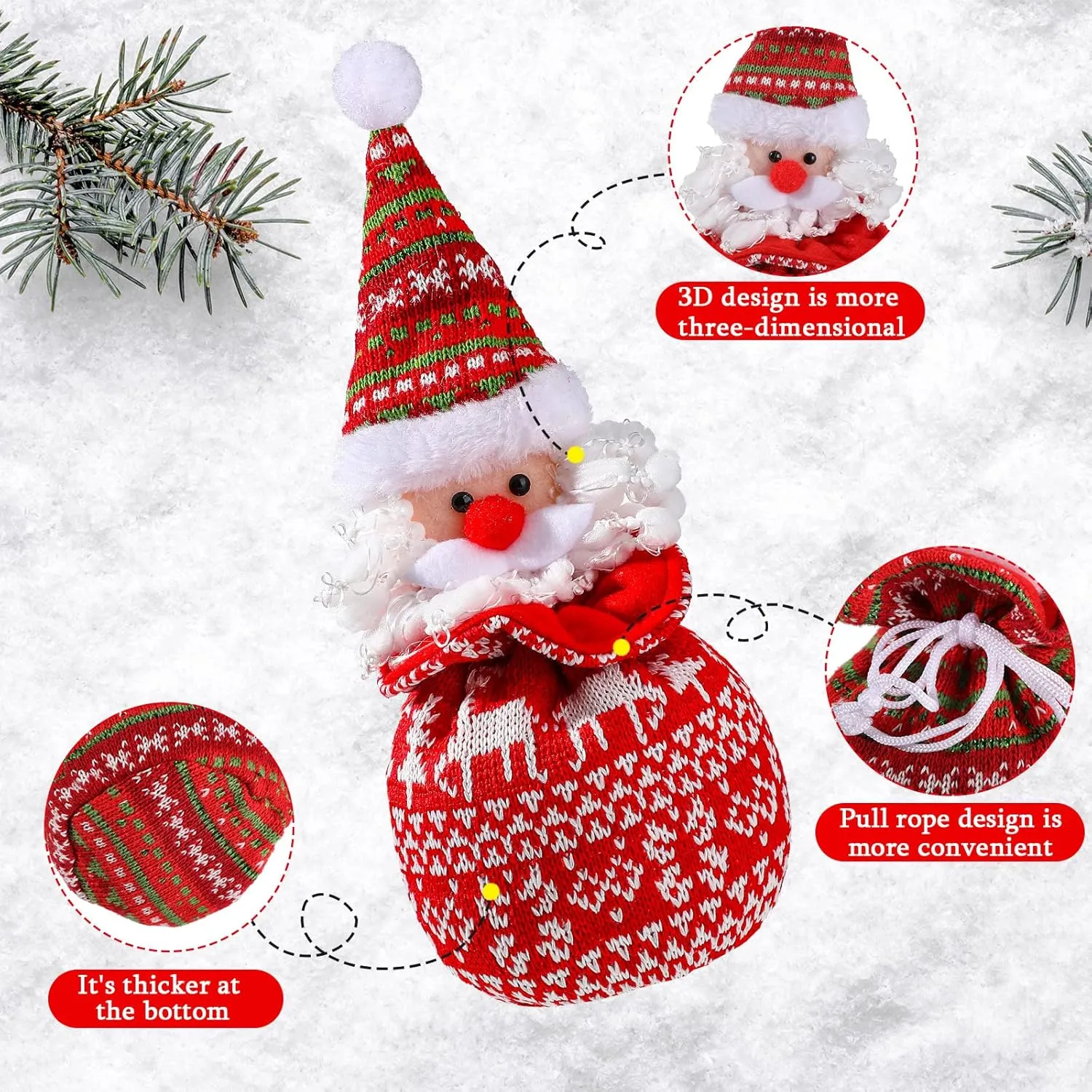 Shappy 8 Pcs Christmas Small Drawstring Bag Xmas 3D Doll Gift Bags Mini Christmas Apple Cookie Candy Holiday Treat Bag 11 x 6 Inch for Stockings Party Supplies Decor