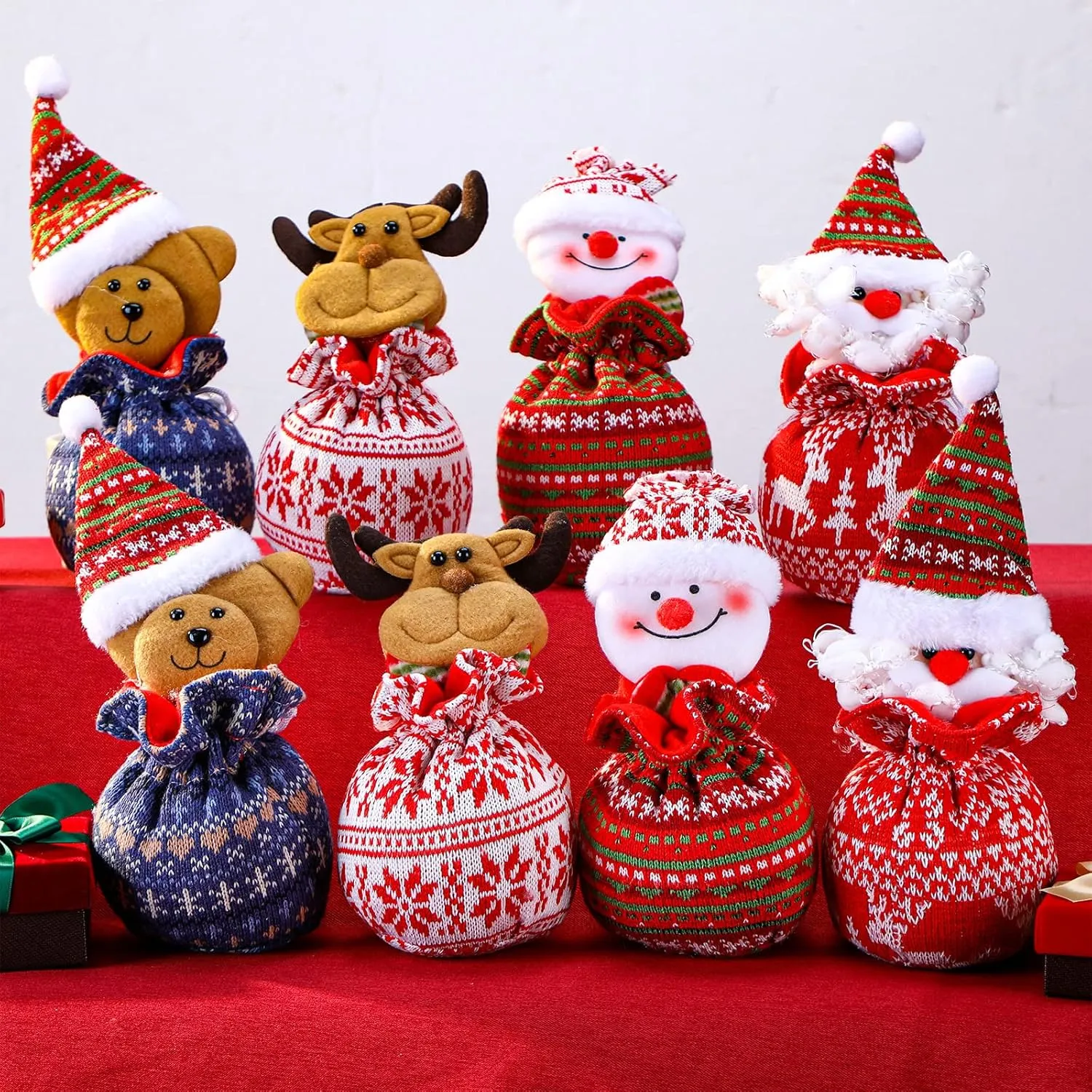 Shappy 8 Pcs Christmas Small Drawstring Bag Xmas 3D Doll Gift Bags Mini Christmas Apple Cookie Candy Holiday Treat Bag 11 x 6 Inch for Stockings Party Supplies Decor