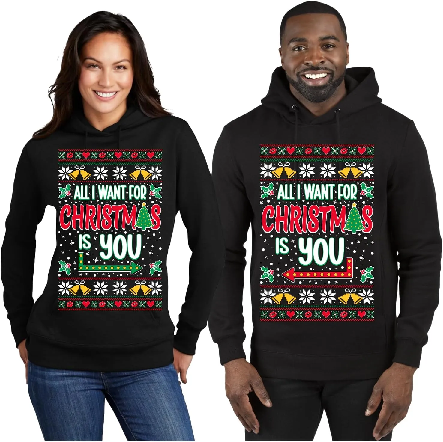 Shark & Hammer Matching All I Want For Christmas Is You Ugly Christmas Matching Couple Unisex Adult Hooded Sweatshirt, Black, Mens Large, Women X-Large