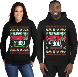 Shark & Hammer Matching All I Want For Christmas Is You Ugly Christmas Matching Couple Unisex Adult Hooded Sweatshirt, Black, Mens Large, Women X-Large