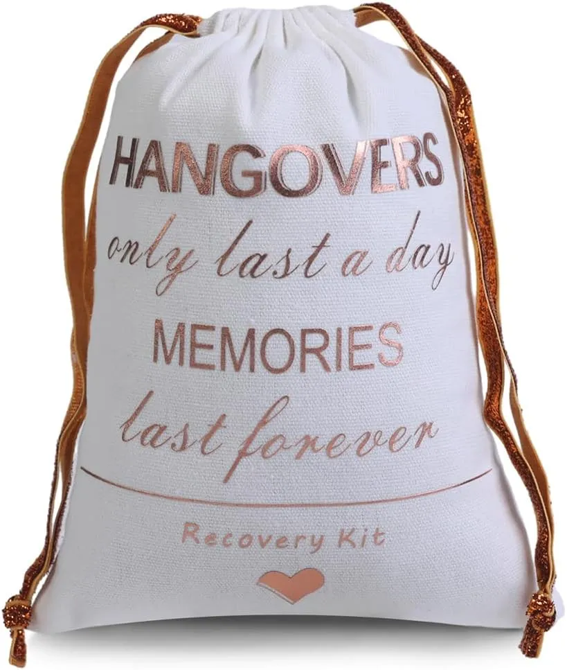 SHERWAY Rose Gold Foiled Wedding Bachelorettes Hangover Kit Drawstring Bags, Wedding Bridal Shower Party Favor Bags for Bridesmaid Gifts (10pcs, White, 5 x 7 Inch)