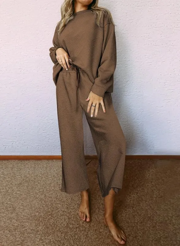 SHEWIN Women's 2 Piece Outfits Sweatsuit Casual Long Sleeve Pullover Tops and Drawstring Wide Leg Pants Lounge Sets