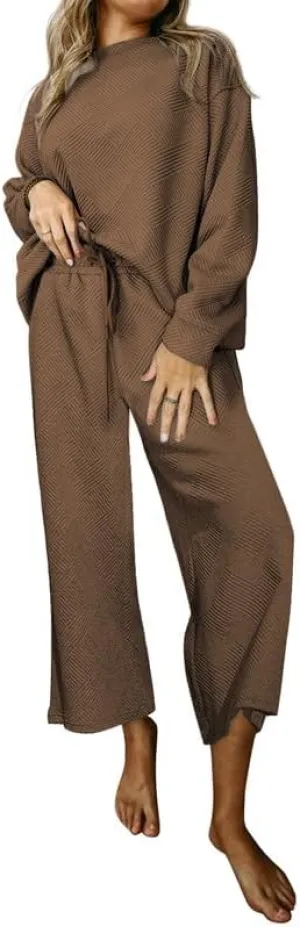 SHEWIN Women's 2 Piece Outfits Sweatsuit Casual Long Sleeve Pullover Tops and Drawstring Wide Leg Pants Lounge Sets