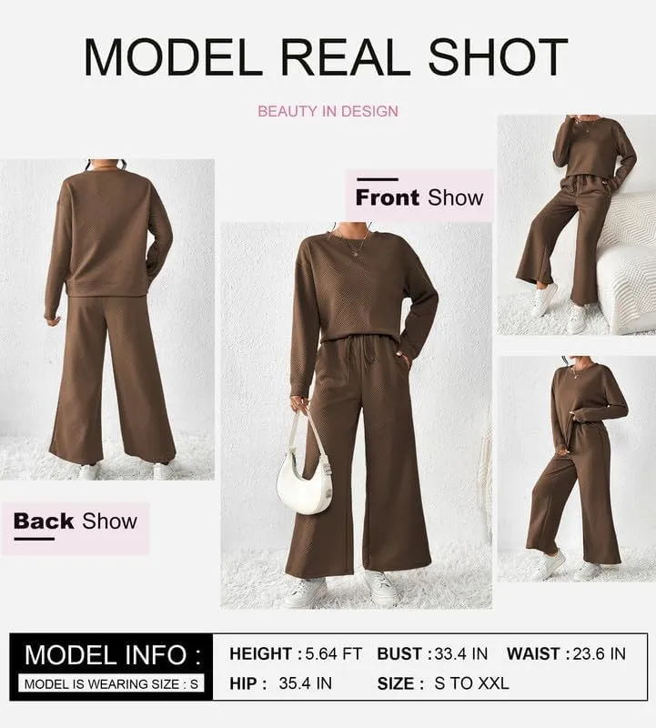 SHEWIN Women's 2 Piece Outfits Sweatsuit Casual Long Sleeve Pullover Tops and Drawstring Wide Leg Pants Lounge Sets
