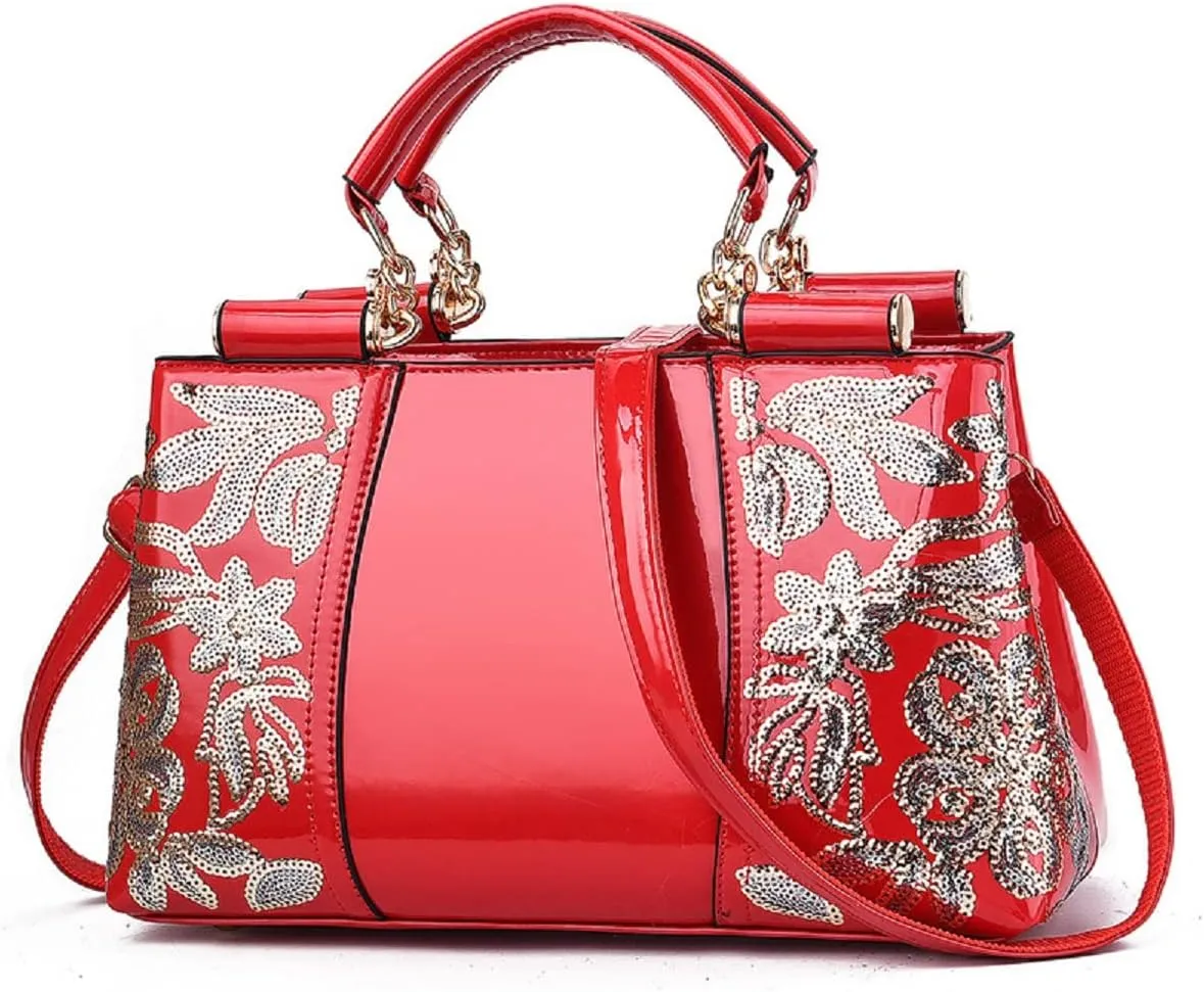 Shiny Patent Women PU Leather Handbags Embroidery Shoulder Bags Fashion Satchel Purses Top Handle Bags