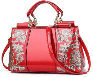 Shiny Patent Women PU Leather Handbags Embroidery Shoulder Bags Fashion Satchel Purses Top Handle Bags