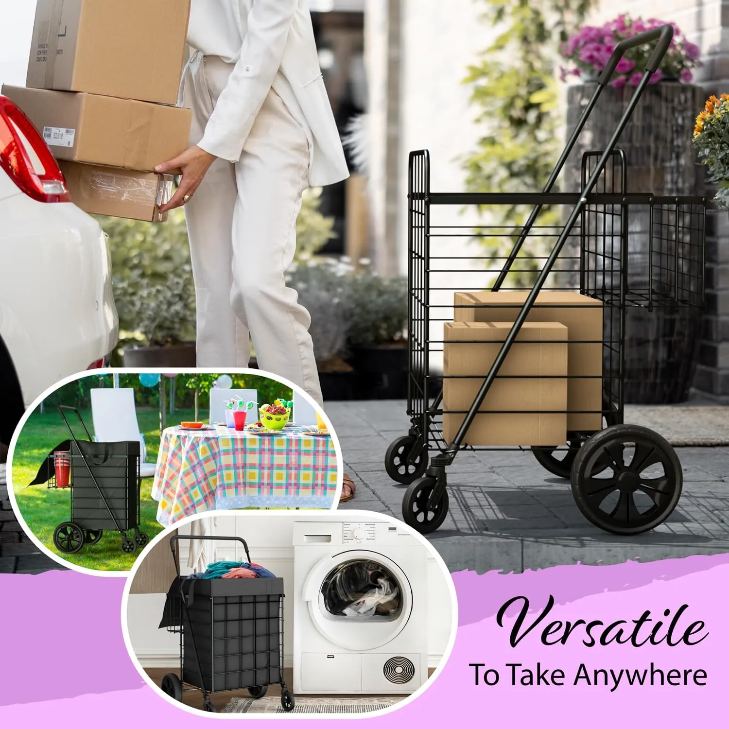 Shopping Cart w/Waterproof Basket Liner & 360° Swivel Wheels | Foldable Collapsible & Lightweight | Perfect for Groceries Laundry Utility Cart - Black