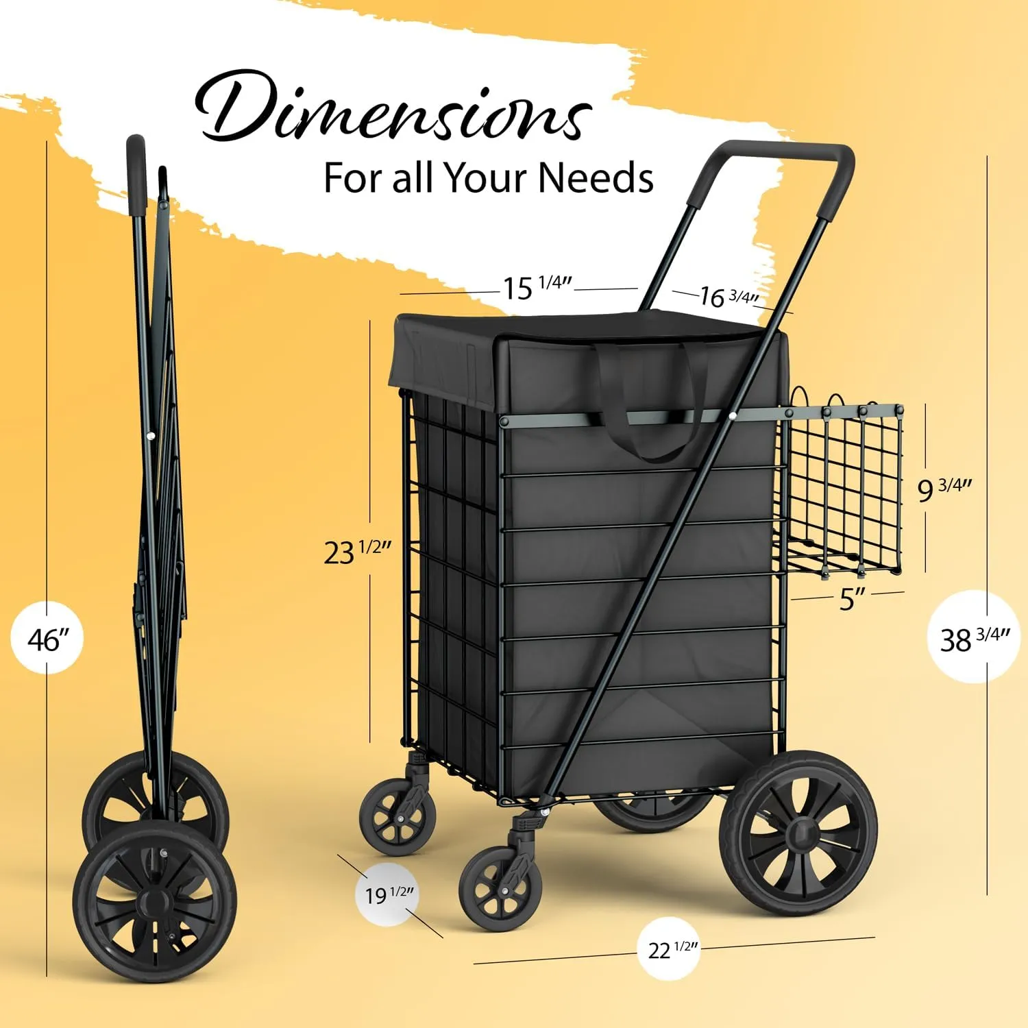 Shopping Cart w/Waterproof Basket Liner & 360° Swivel Wheels | Foldable Collapsible & Lightweight | Perfect for Groceries Laundry Utility Cart - Black