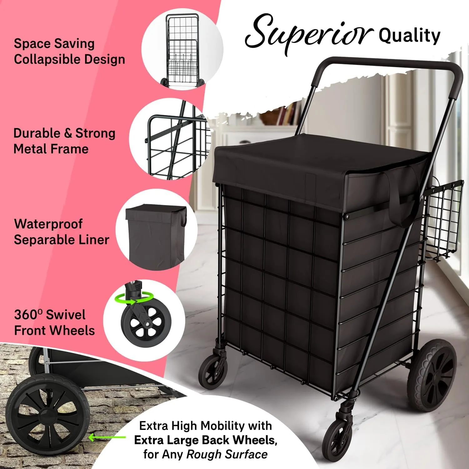 Shopping Cart w/Waterproof Basket Liner & 360° Swivel Wheels | Foldable Collapsible & Lightweight | Perfect for Groceries Laundry Utility Cart - Black