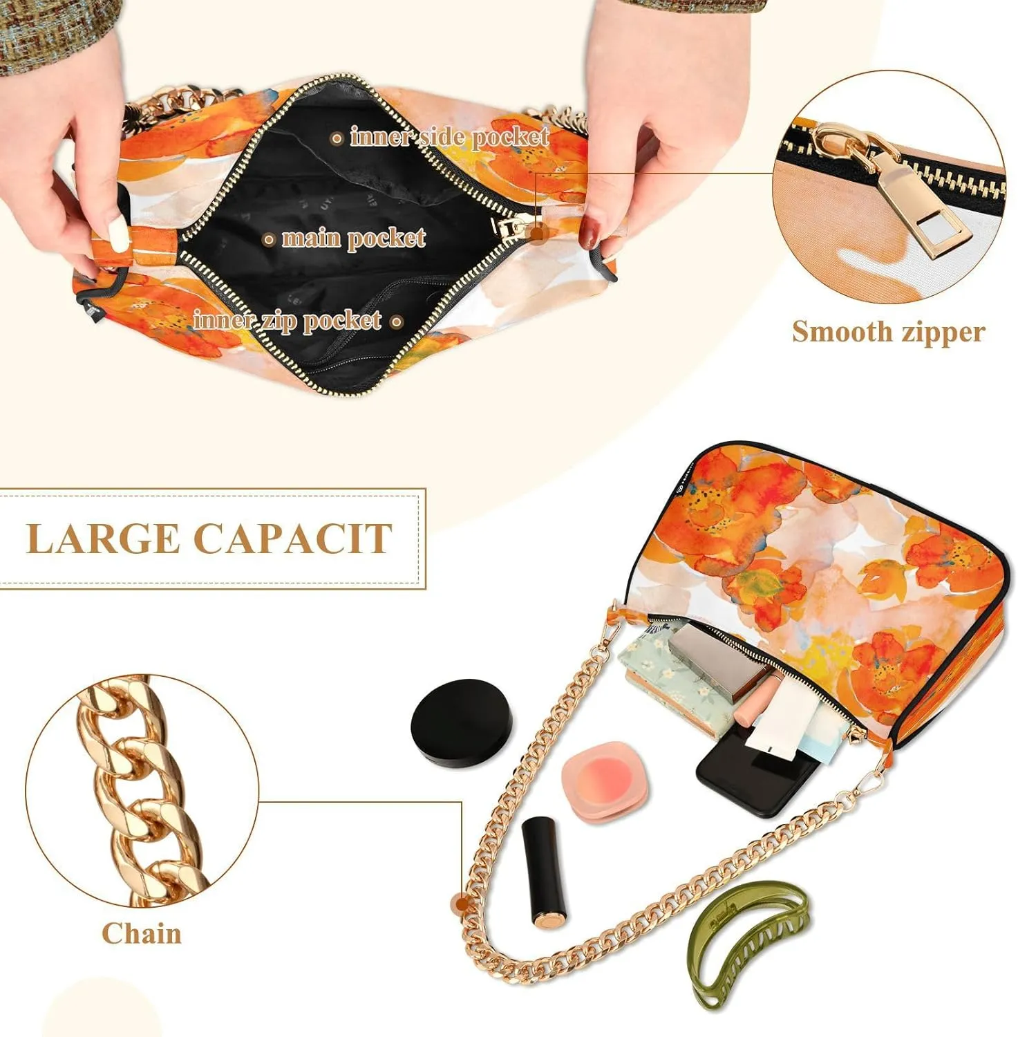 Shoulder Bags for Women Flower Floral Hobo Tote Handbag Small Clutch Purse with Zipper Closure