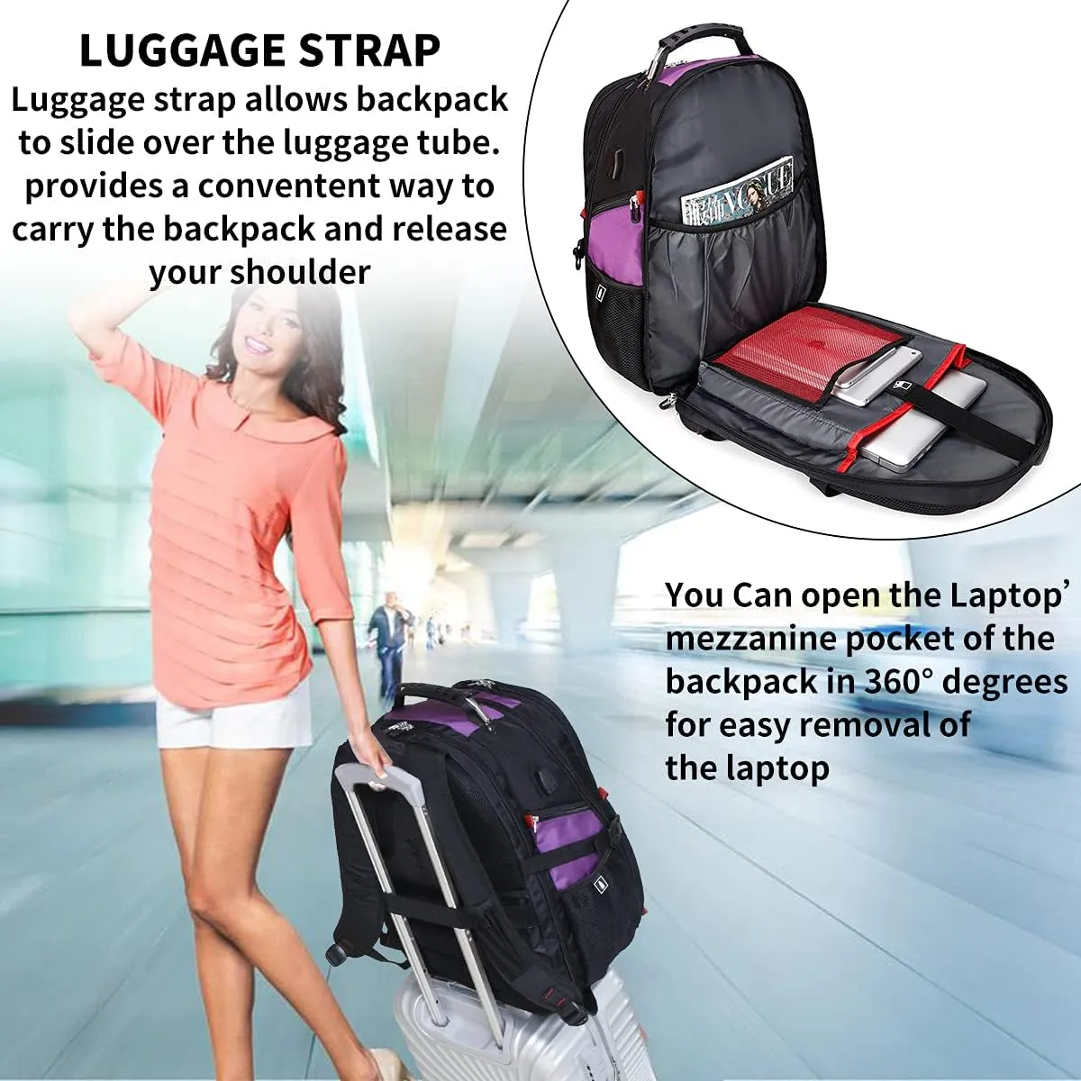 SHRRADOO Extra Large 50L Travel Laptop Backpack with USB Charging Port, College High School Backpack Airline Approved Business Work Bag Fit 17 Inch Laptops for Men Women,Purple