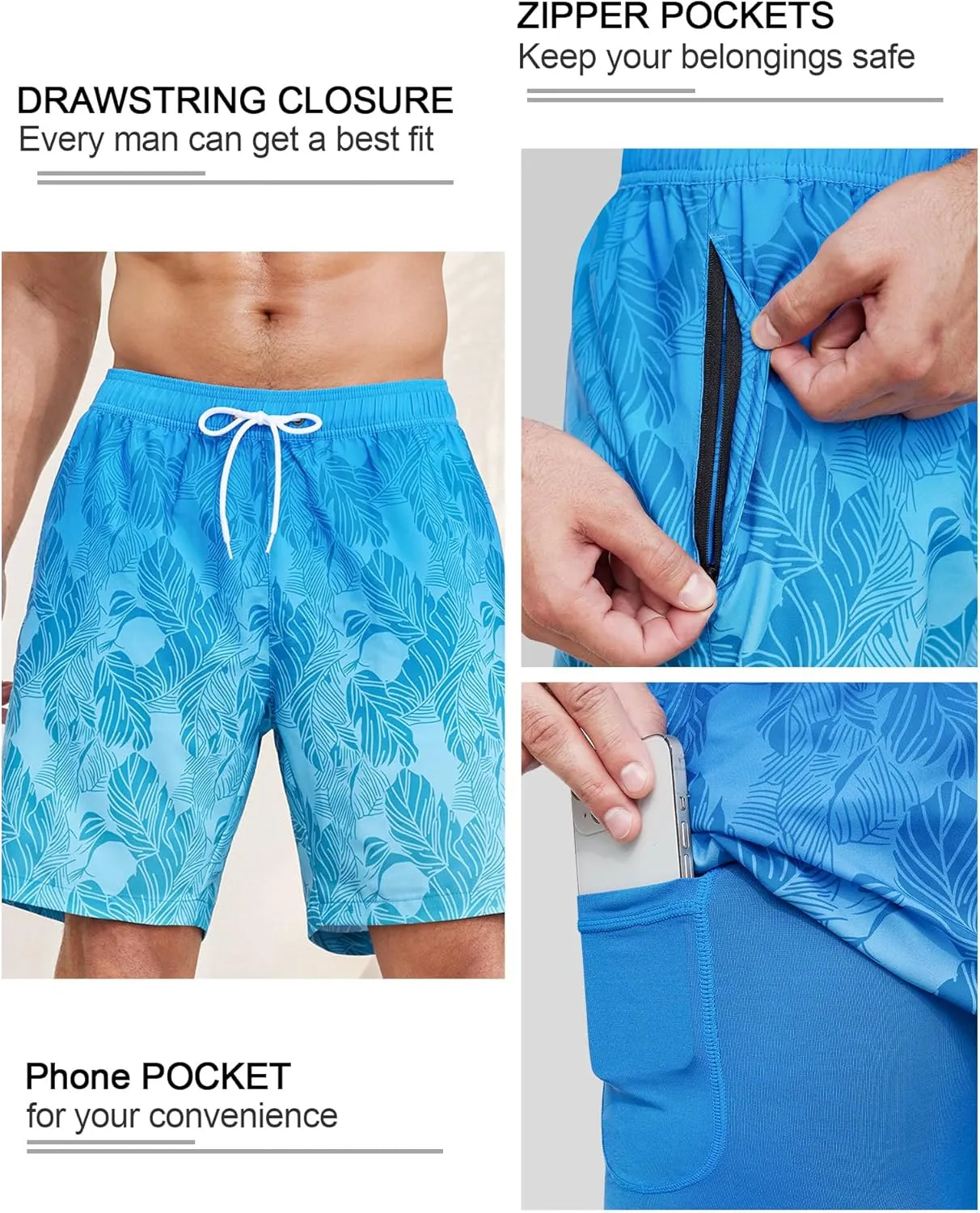 SILKWORLD Mens Swim Trunks Quick Dry Swimming Shorts with Compression Liner and Zipper Pockets