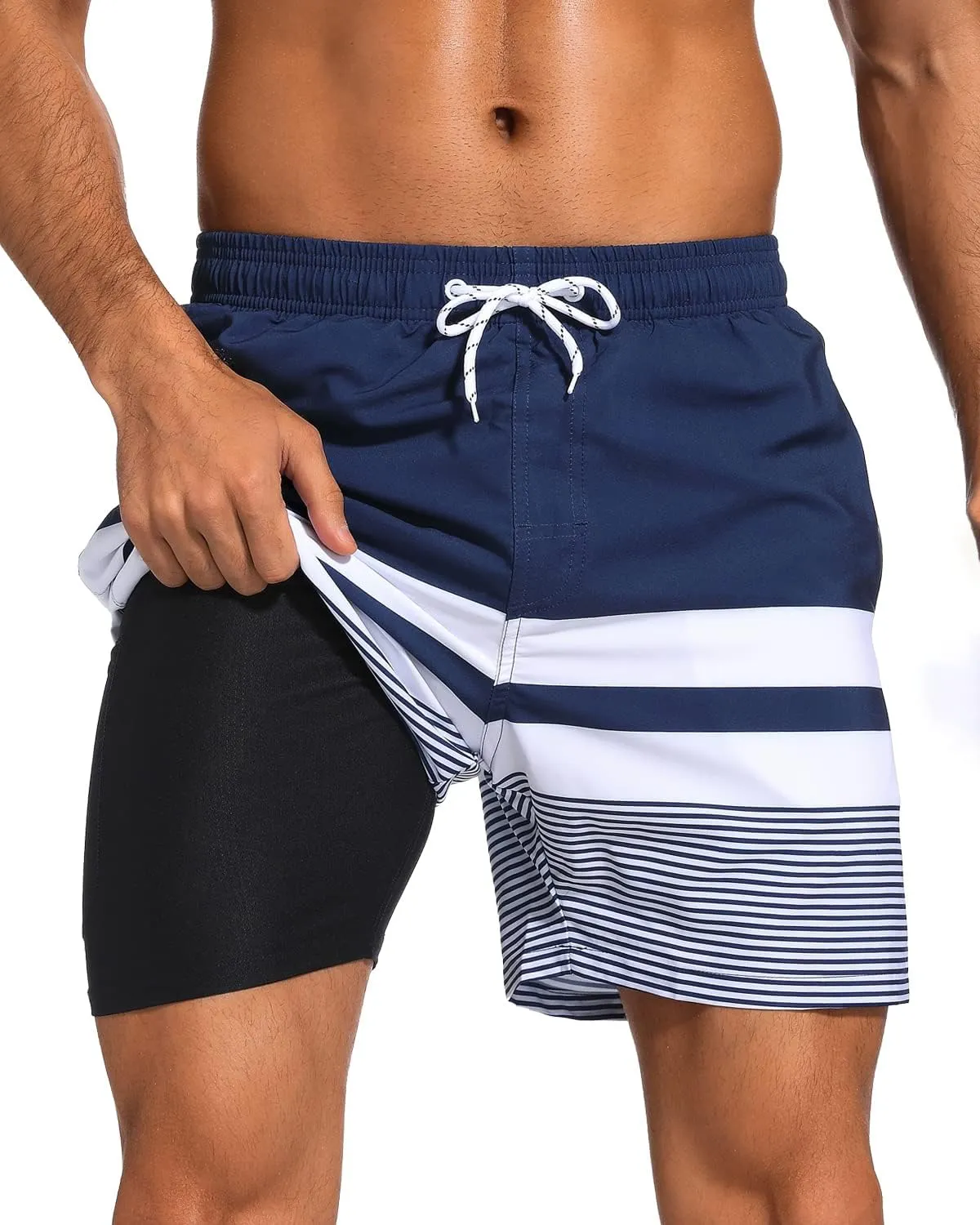 SILKWORLD Mens Swim Trunks with Compression Liner 2 in 1 Quick Dry Bathing Suit Beach Shorts with Zipper Pockets