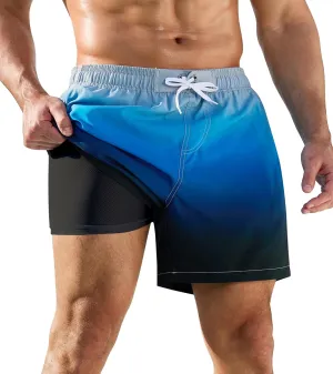 SILKWORLD Mens Swimming Trunks 2 in 1 Quick Dry Bathing Suit Elastic Waist Beach Shorts with Zipper Pockets