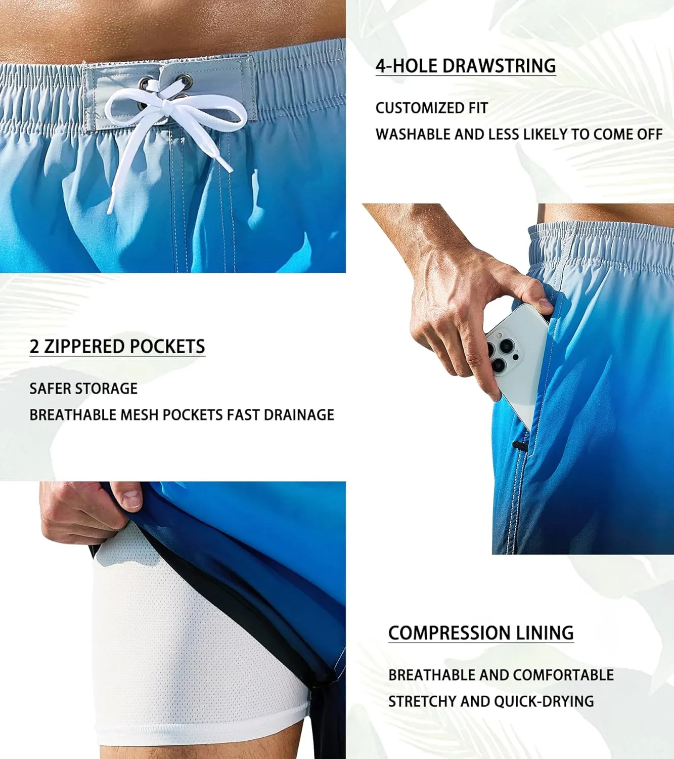 SILKWORLD Mens Swimming Trunks 2 in 1 Quick Dry Bathing Suit Elastic Waist Beach Shorts with Zipper Pockets