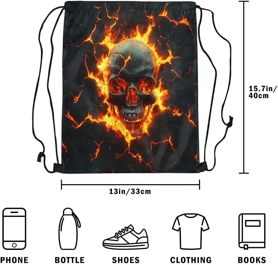 Skull Drawstring Backpack,Mystic Gothic Skeleton Red Flame Drawstring Bags Shoulder Bag,Natural Disaster Volcano Eruption Lava 3D Print Draw String Bag for Picnic Gym Sport Travel
