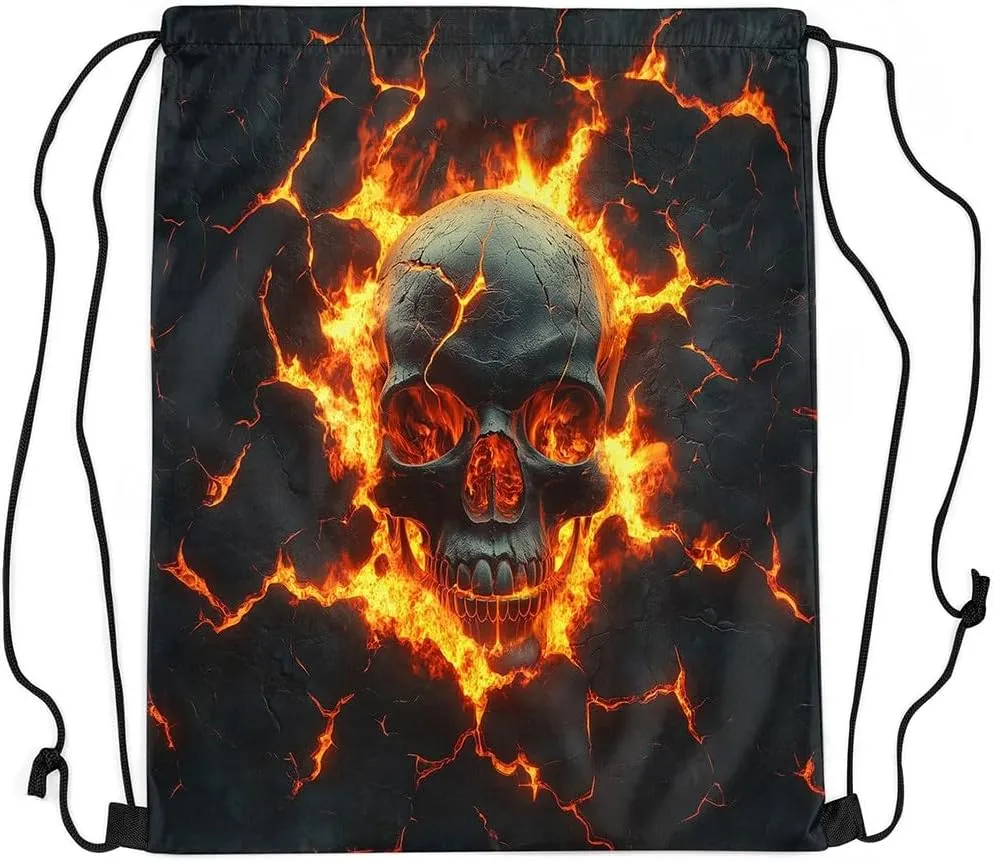 Skull Drawstring Backpack,Mystic Gothic Skeleton Red Flame Drawstring Bags Shoulder Bag,Natural Disaster Volcano Eruption Lava 3D Print Draw String Bag for Picnic Gym Sport Travel