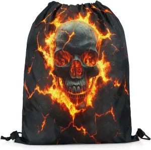 Skull Drawstring Backpack,Mystic Gothic Skeleton Red Flame Drawstring Bags Shoulder Bag,Natural Disaster Volcano Eruption Lava 3D Print Draw String Bag for Picnic Gym Sport Travel