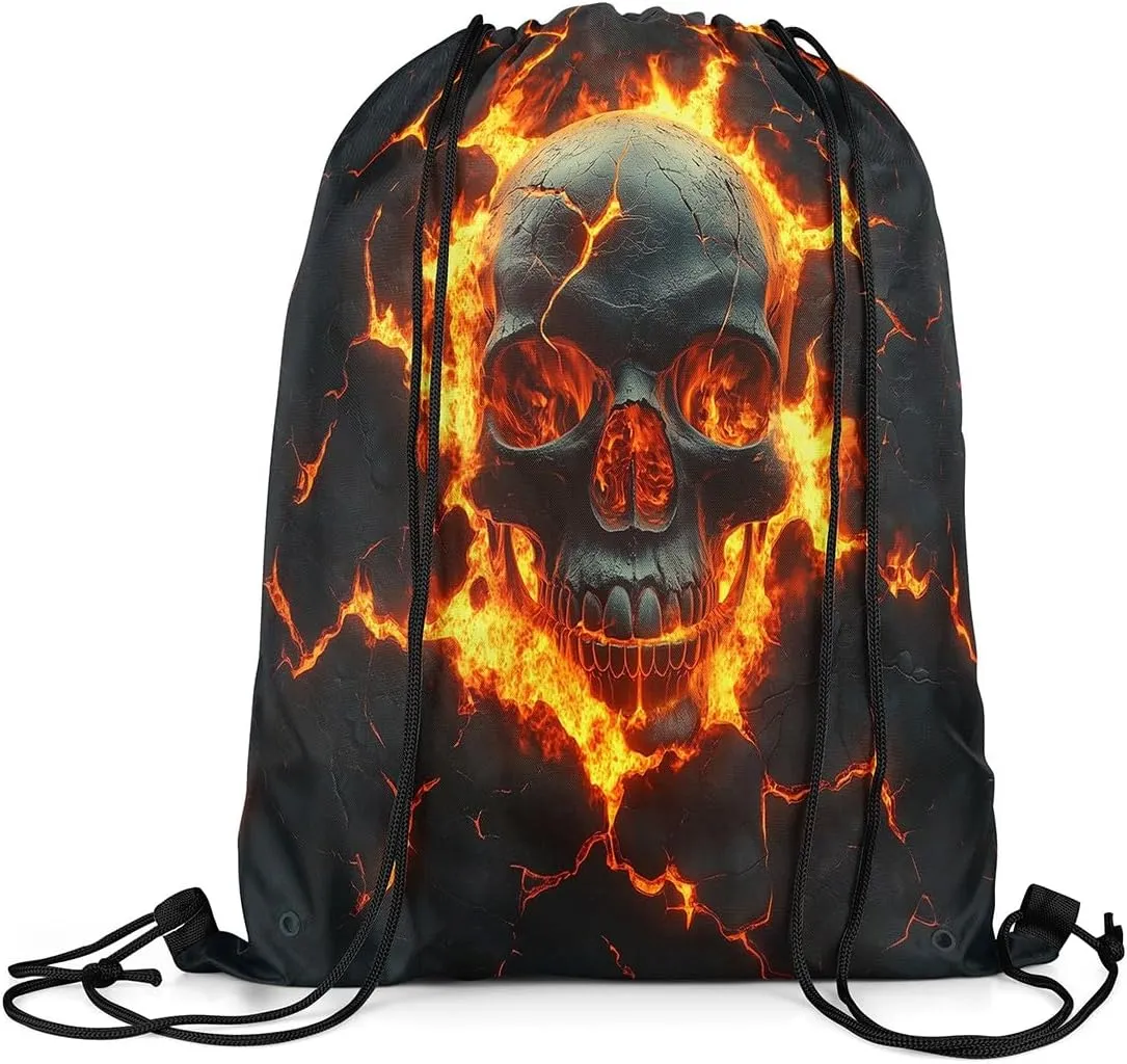 Skull Drawstring Backpack,Mystic Gothic Skeleton Red Flame Drawstring Bags Shoulder Bag,Natural Disaster Volcano Eruption Lava 3D Print Draw String Bag for Picnic Gym Sport Travel