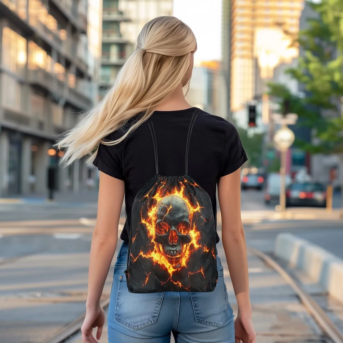 Skull Drawstring Backpack,Mystic Gothic Skeleton Red Flame Drawstring Bags Shoulder Bag,Natural Disaster Volcano Eruption Lava 3D Print Draw String Bag for Picnic Gym Sport Travel