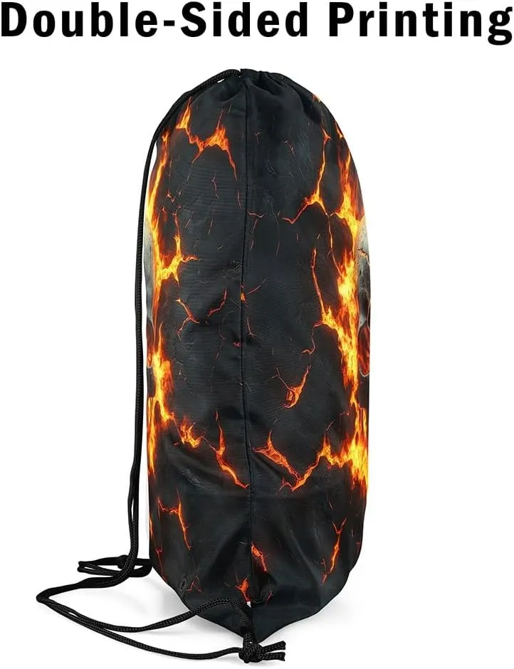 Skull Drawstring Backpack,Mystic Gothic Skeleton Red Flame Drawstring Bags Shoulder Bag,Natural Disaster Volcano Eruption Lava 3D Print Draw String Bag for Picnic Gym Sport Travel