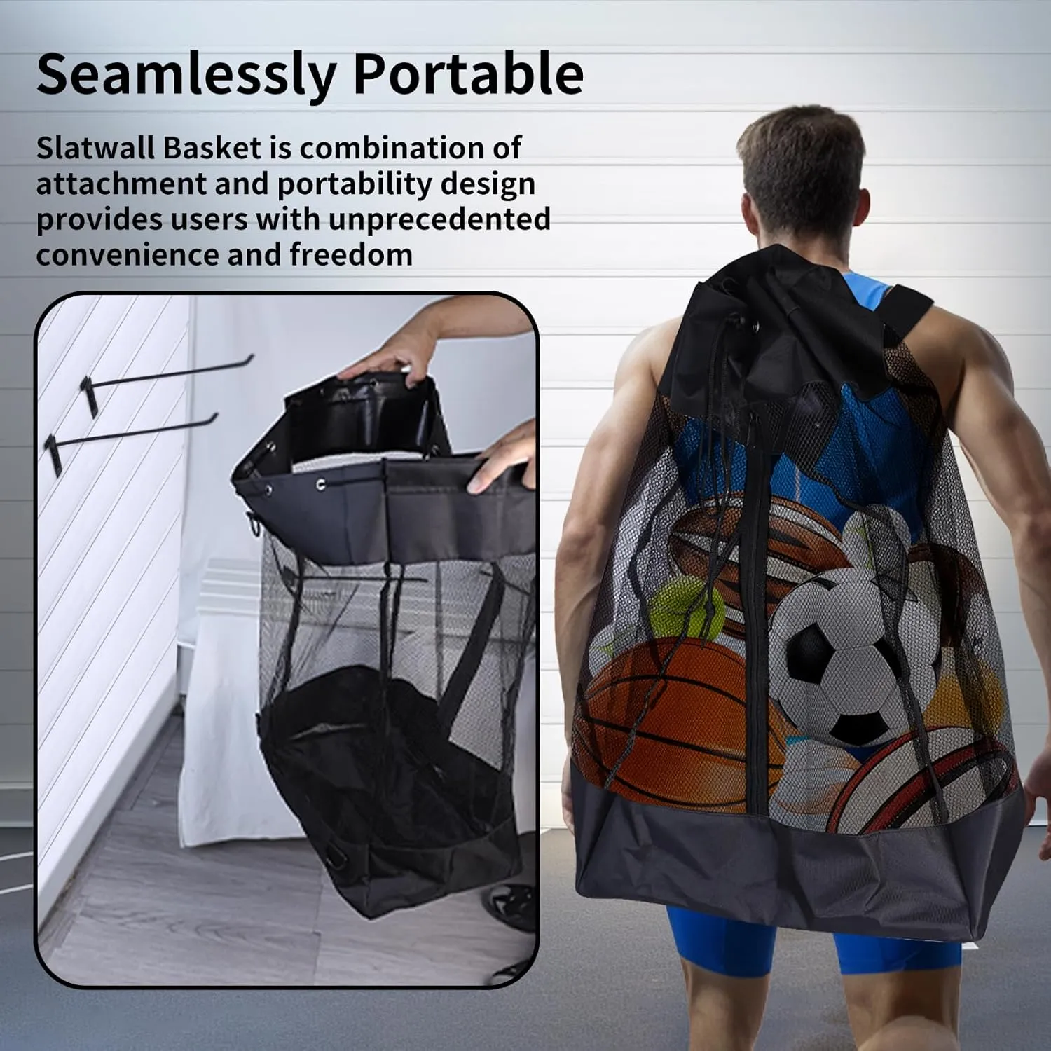 Slatwall Baskets,Hanging Slatwall Accessories with Take and Go Design,(26 * 18 * 11'') Large Mesh Slatwall Organizer with Easy Access Zipper Adjustable Shoulder Strap for Home Sport Garage Storage