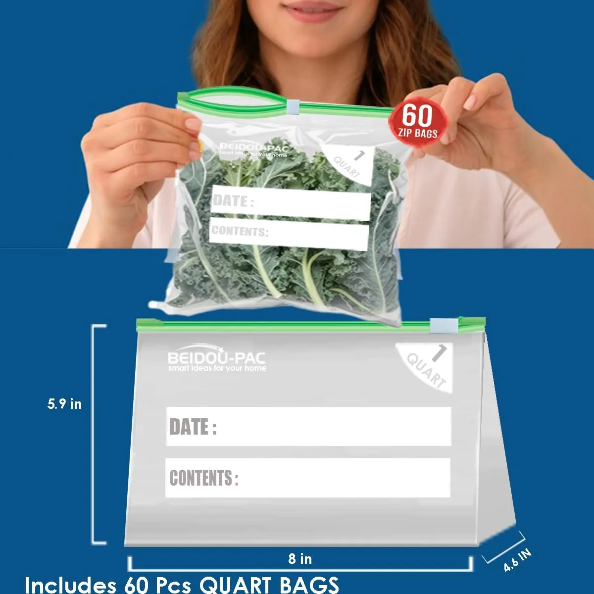 Slider Quart Food Storage Freezer Bags with Stand-Up Bottom, 300 Count | 2 Mil | 8 IN x 5.9 IN x 2.3 IN, Freshness Easy Open Reclosable Clear Plastic Bags(Slider-quart-300count)