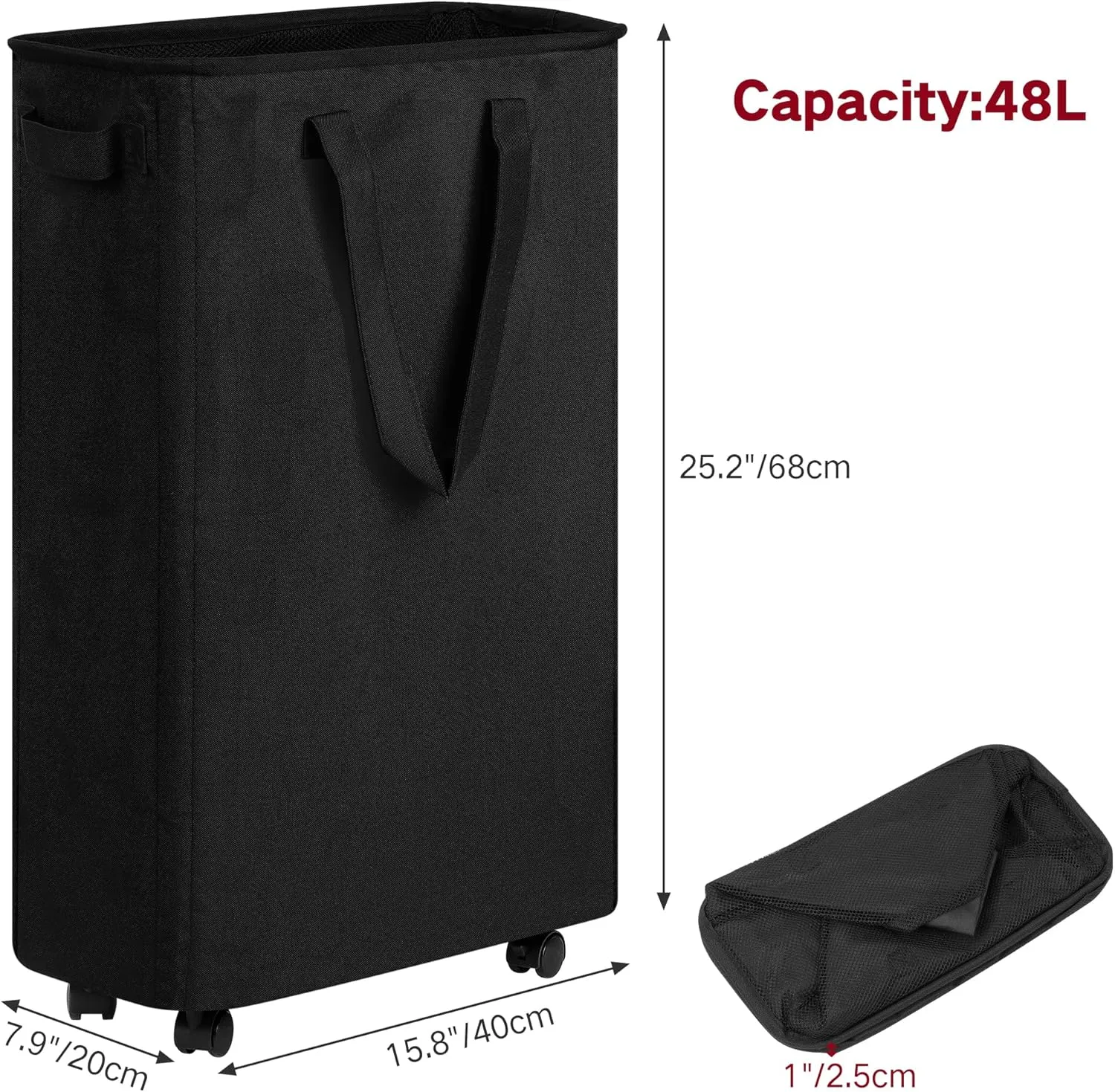 Slim Laundry Hamper with Wheels, Rolling Laundry Basket for Clothes, Small Laundry Basket for Bedroom, Dorm and Laundry Room, 48L (12.7 Gallons) Black