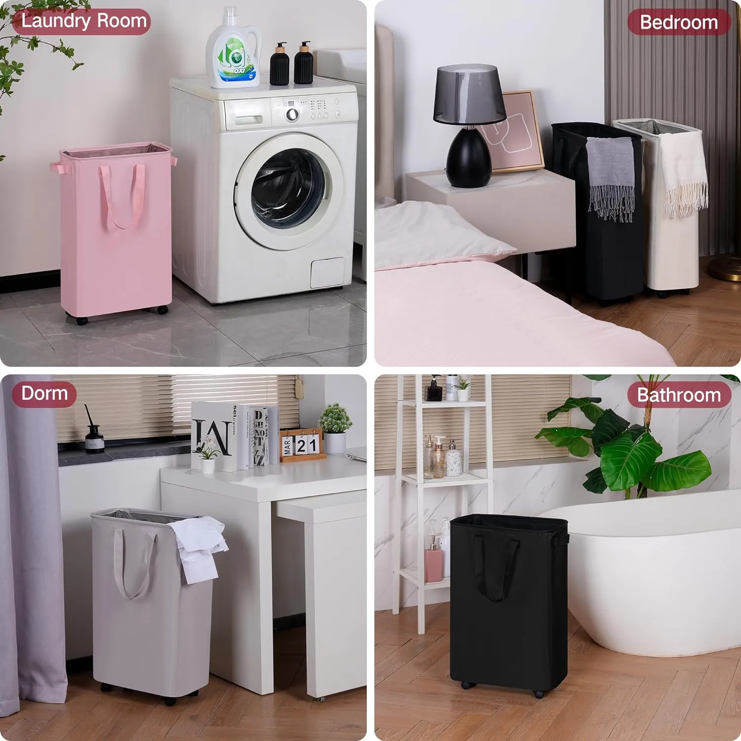 Slim Laundry Hamper with Wheels, Rolling Laundry Basket for Clothes, Small Laundry Basket for Bedroom, Dorm and Laundry Room, 48L (12.7 Gallons) Black