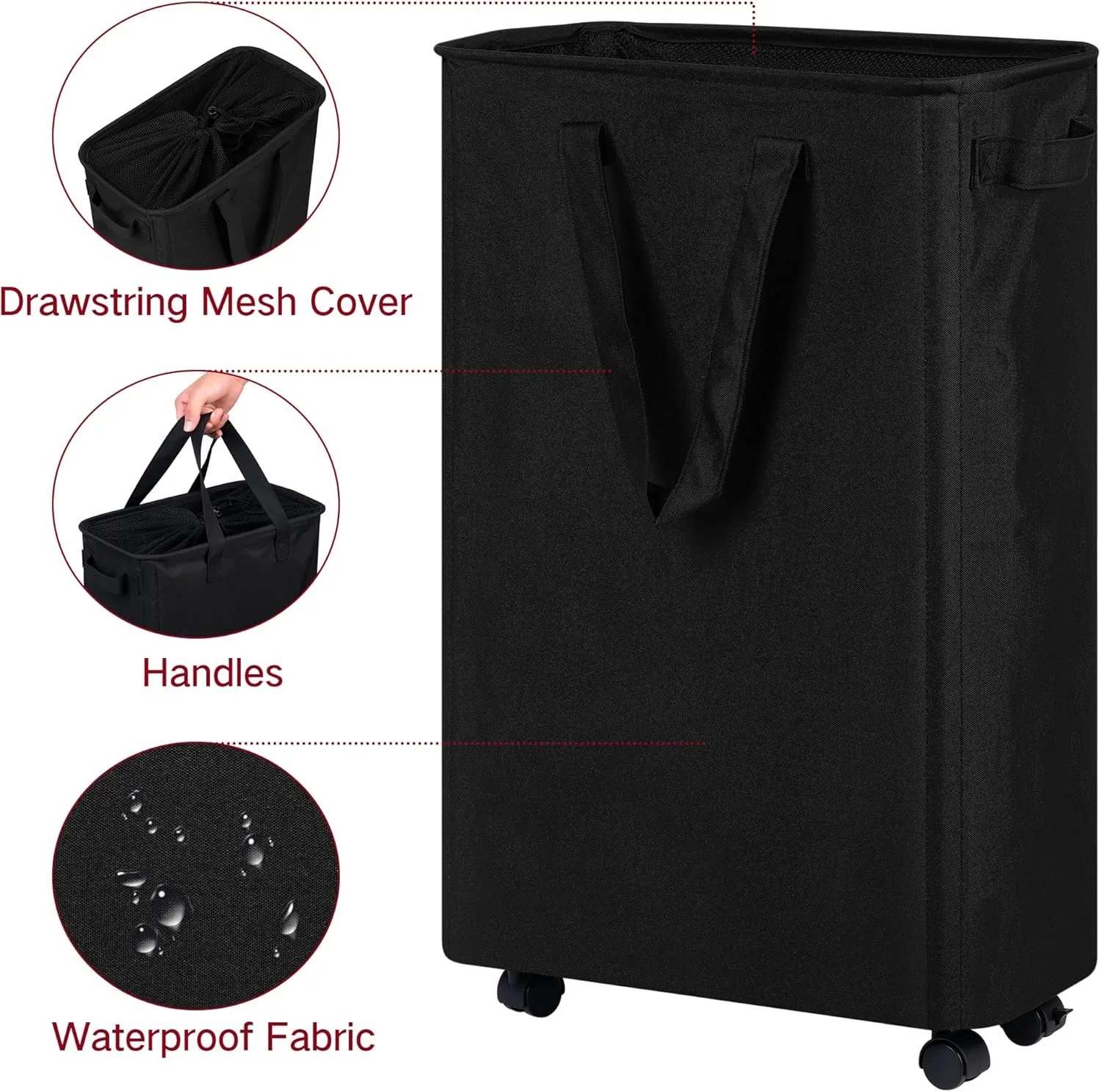 Slim Laundry Hamper with Wheels, Rolling Laundry Basket for Clothes, Small Laundry Basket for Bedroom, Dorm and Laundry Room, 48L (12.7 Gallons) Black