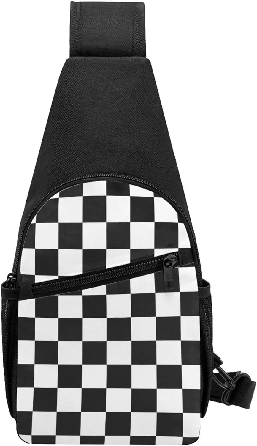 Sling Bag for Men Women, Comfortable Crossbody Backpack Compatible with Race Checkerboard Checkered Black And White, Anti-Theft Sling Shoulder Chest Bag Daypack, Fashion Travel Gym Sack Rucksack