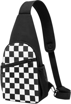 Sling Bag for Men Women, Comfortable Crossbody Backpack Compatible with Race Checkerboard Checkered Black And White, Anti-Theft Sling Shoulder Chest Bag Daypack, Fashion Travel Gym Sack Rucksack