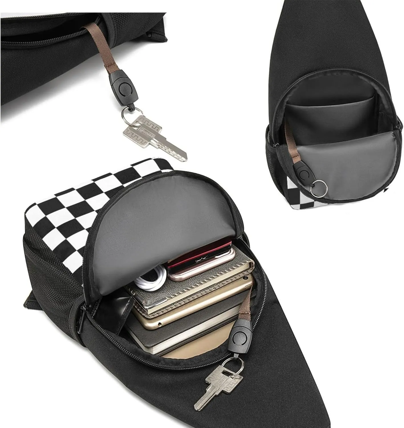 Sling Bag for Men Women, Comfortable Crossbody Backpack Compatible with Race Checkerboard Checkered Black And White, Anti-Theft Sling Shoulder Chest Bag Daypack, Fashion Travel Gym Sack Rucksack