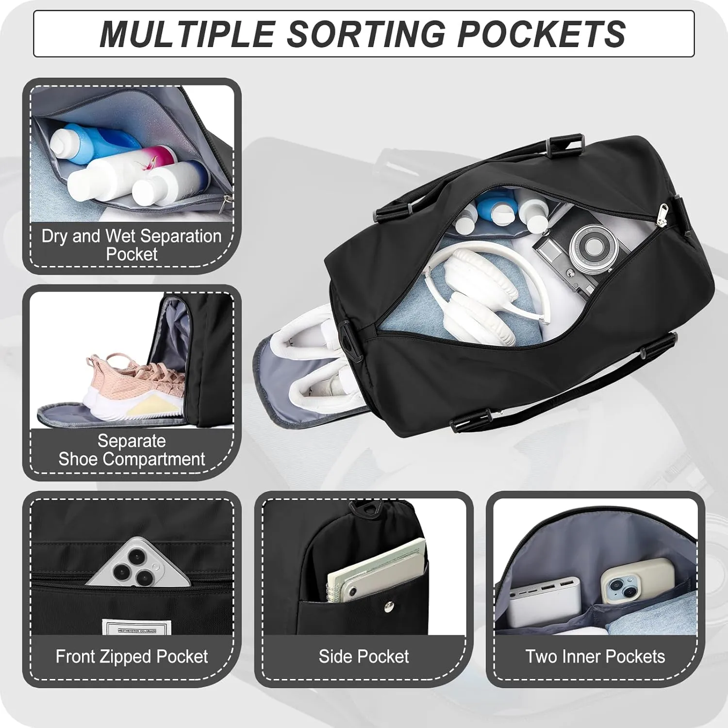 Small Black Sports Gym Duffel Bags for Women Men, Travel Totes Bag Cute Weekender bag with Wet Pocket and Shoe Compartment for Carry On, Gym, Dance, Overnight, Sport Pickleball, Tennis, Racketball